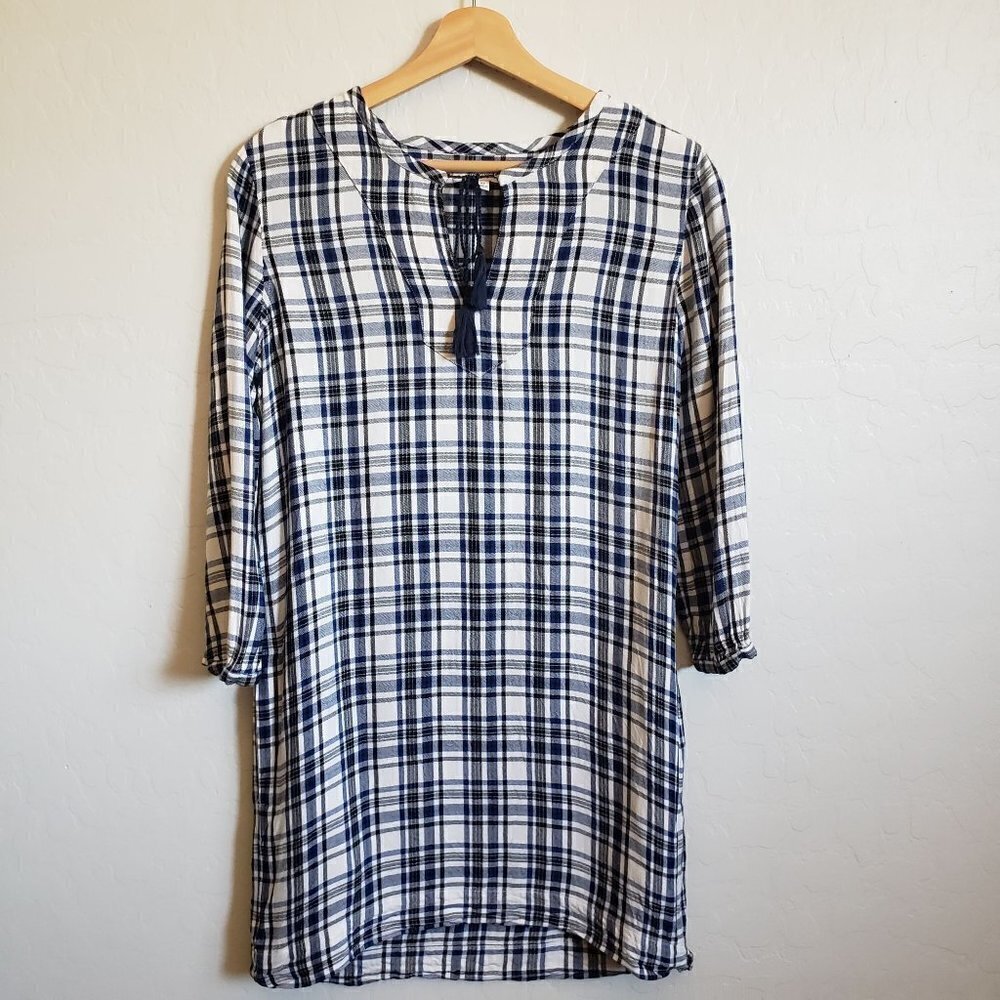 Madewell Artiste Plaid Tunic Shirt Dress Tassel Tie Navy/Black/White Women's XS